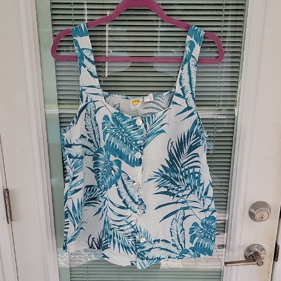 C&C California Tops - C & C California Tropical Blue and White Linen Top Sz L